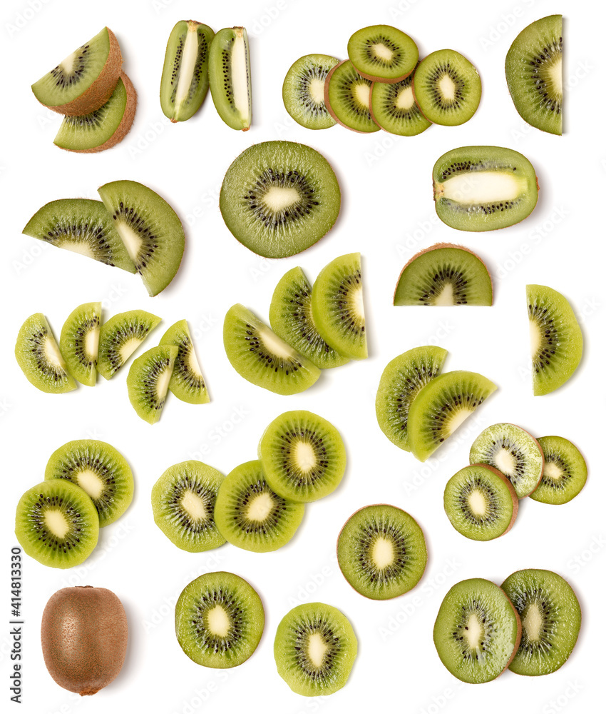 Fototapeta premium Kiwi isolated on white background. Flat lay, top view. Set of different composition of kiwi slices.