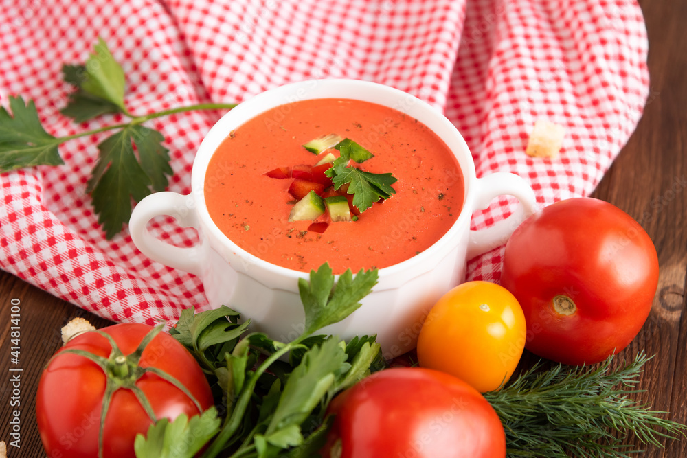 Traditional tomato soup made from fresh tomatoes with the addition of herbs and croutons. Traditional tomato soup made from fresh tomatoes with the addition of herbs and croutons.