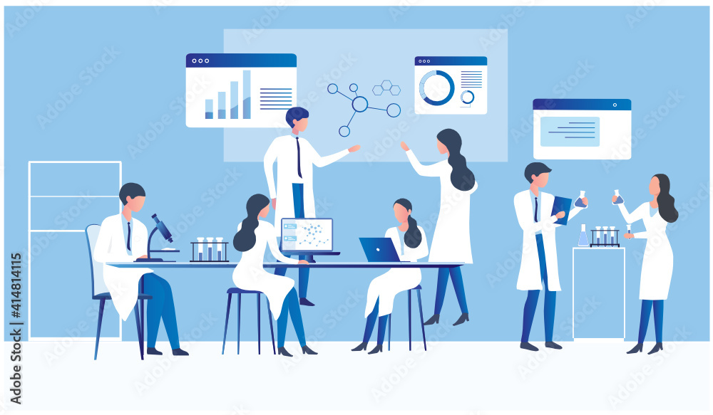 Professional scientists, doctors and chemical researchers working and analysis in laboratory experiment vector Illustration. Medical laboratory, research experiment biology molecular concept.
Professional scientists, doctors and chemical researchers working and analysis in laboratory experiment vector Illustration. Medical laboratory, research experiment biology molecular concept.