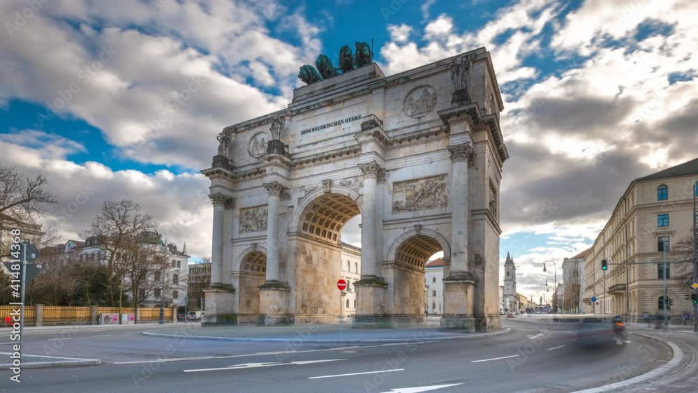 The Siegestor Victory Arch in Munich City time lapse Hyperlapse Video in 4K, Munich Bavaria, Germany. Munich traffic street cars urban scene.
