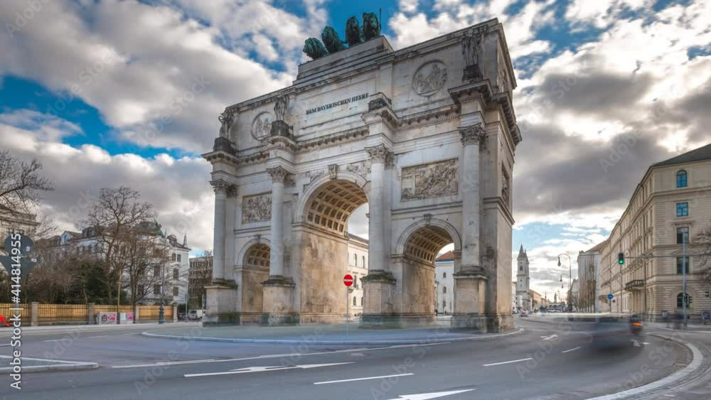 The Siegestor Victory Arch in Munich City time lapse Hyperlapse Video in 4K, Munich Bavaria, Germany. Munich traffic street cars urban scene. The Siegestor Victory Arch in Munich City time lapse Hyperlapse Video in 4K, Munich Bavaria, Germany. Munich traffic street cars urban scene.