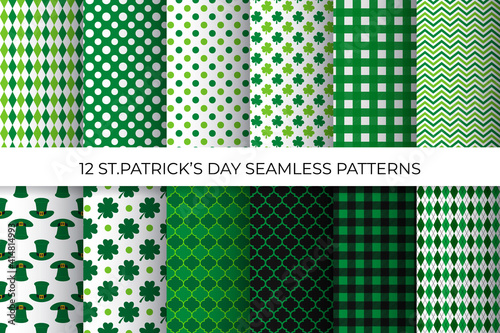 St. Patricks day seamless patterns set. Vector backgrounds. Saint Patricks day backdrop. Vector template for fabric, textile, wallpaper, wrapping paper, etc