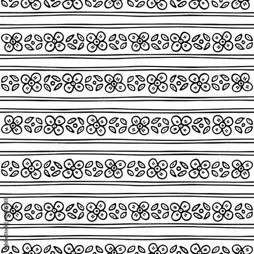 Seamless pattern with hand drawn flowers and leaves, lined in horizontal stripes. Monochrome vector background design for wallpaper, textile, wrapping, banner, poster, cover