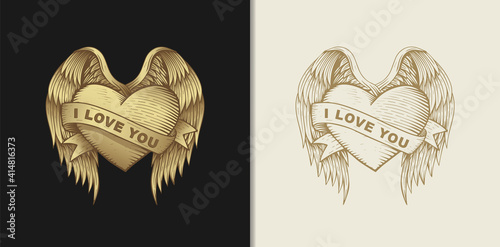 Love heart with wings and ribbons, hand drawn illustration with esoteric, boho, spiritual, geometric, magic themes, for valentine's day or lovers in love