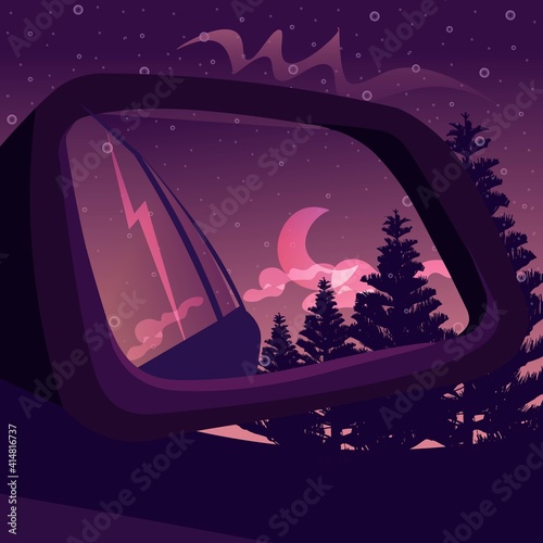 Side view mirror reflection of a dark forest under the night sky. Fantasy landscape with a gradient sunset and tree silhouettes seen from inside the car.