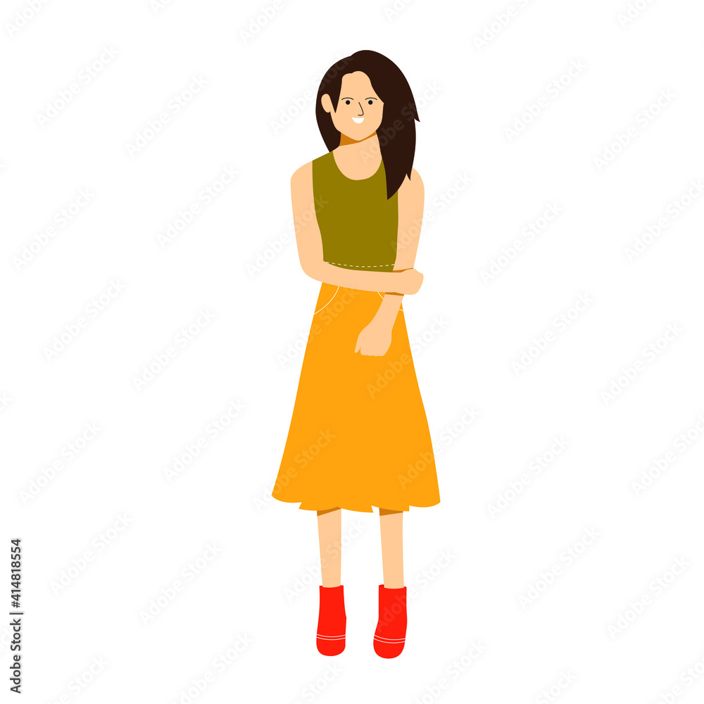 Young woman stands in a shy pose wearing sleeveless shirt with beautiful long hair. Flat vector design character illustration with white background. Young woman stands in a shy pose wearing sleeveless shirt with beautiful long hair. Flat vector design character illustration with white background.