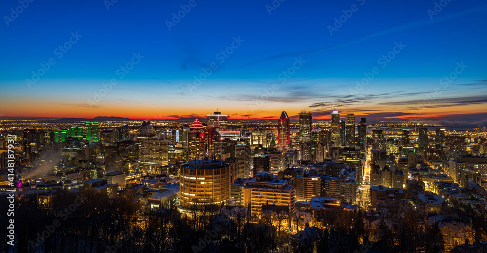 Downtown Montreal, rising sun over the city of Montreal.