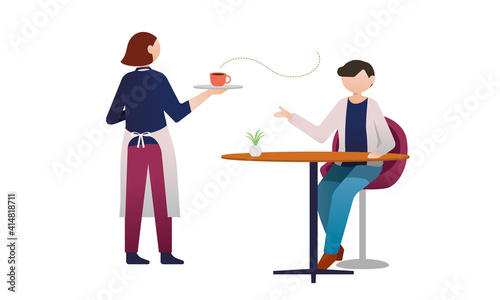 カフェでコーヒーを注文する男性客,コーヒーを運ぶ女性店員