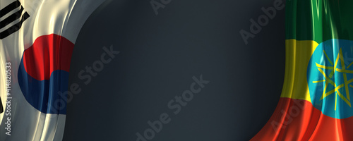 Flag of the South Korea and Ethiopia 3D rendering.
Diplomatic concept national flag illustration of both countries. photo