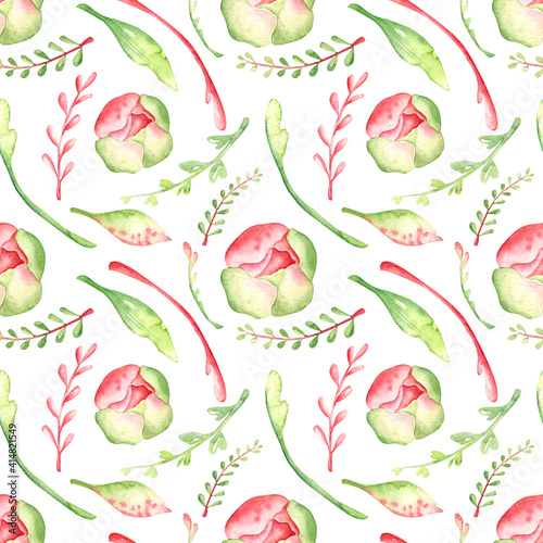 Fototapeta Naklejka Na Ścianę i Meble -  Seamless watercolor pattern with herbs and peonies. Pink green shades. Design for wrapping paper, backgrounds, wallpapers and more. International Women's Day.