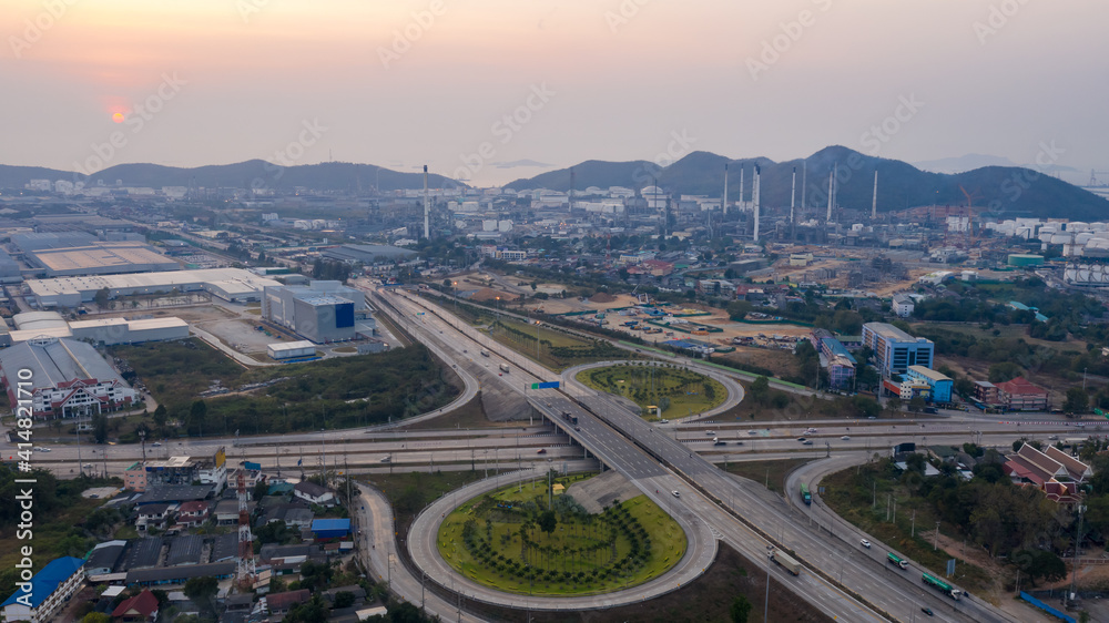 Aerial view ring road industry and oil refinery production plant background