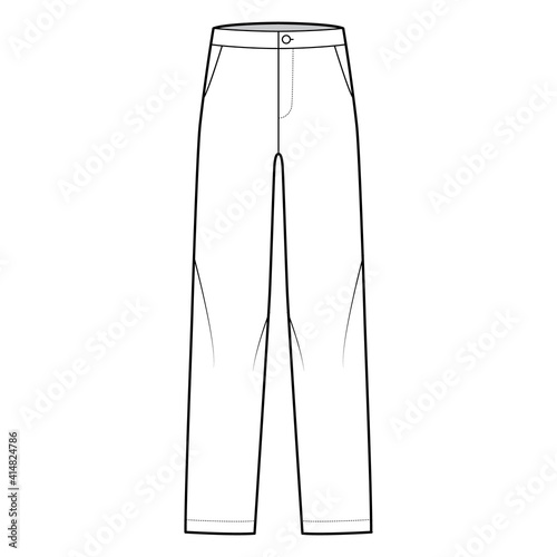 Pants straight silhouette technical fashion illustration with flat front, low waist, rise, full length, slant, flap pockets. Flat trousers apparel template, white, color. Women, men, unisex CAD mockup