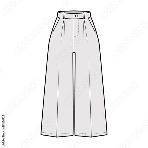 Pants capri technical fashion illustration with normal waist, high rise, single pleat, mid-calf length, wide legs, seam pockets. Flat trousers apparel template, grey color. Women, men CAD mockup