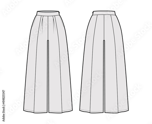 Pants gaucho technical fashion illustration with low normal waist, high rise, single pleat, ankle cropped length, seam pockets. Flat trousers template back, grey color. Women, men, unisex CAD mockup