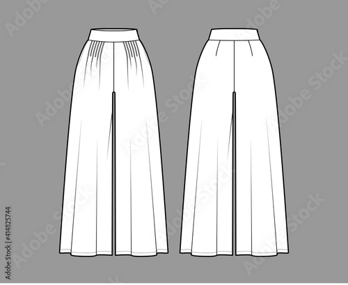 Pants gaucho technical fashion illustration with normal waist, high rise, pleats, ankle cropped length, seam pockets. Flat trousers apparel template back, white color. Women, men, unisex CAD mockup