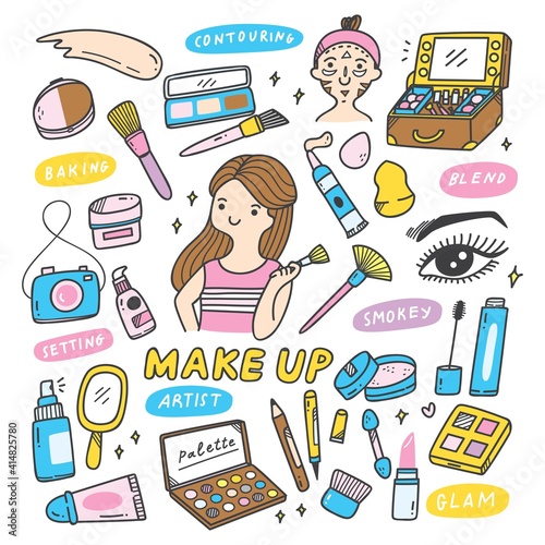 Make Up Artist Equipments in doodle style vector element