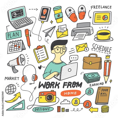 WorK From Home Concept Doodle Vector Design Element
