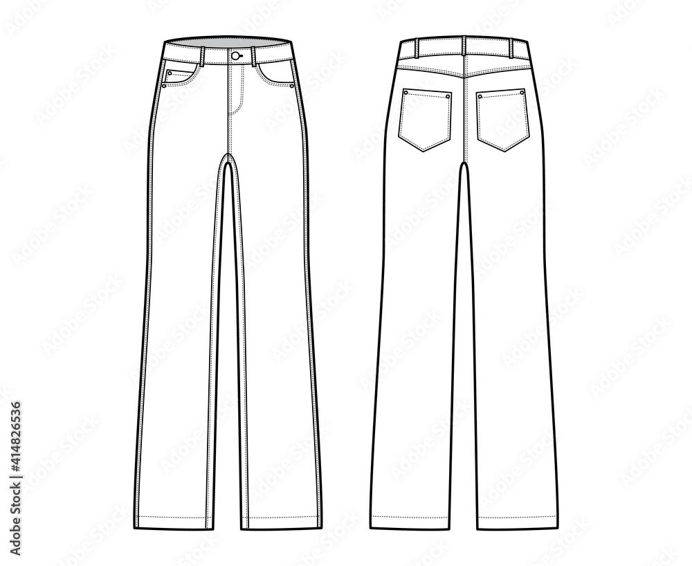 Straight Jeans Denim pants technical fashion illustration with full