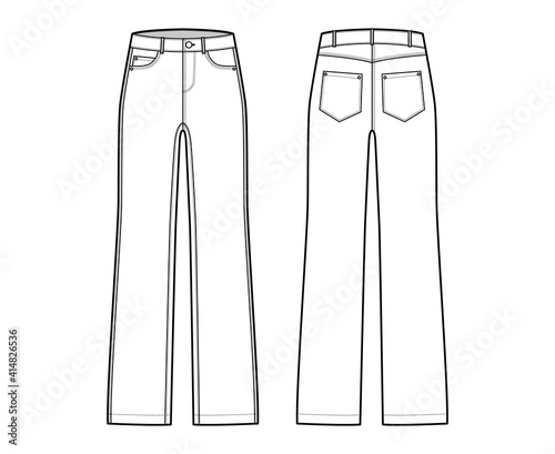 Straight Jeans Denim pants technical fashion illustration with full length, rise, 5 pockets, Rivets, belt loops. Flat apparel bottom template front, back, white color style. Women, unisex CAD mockup