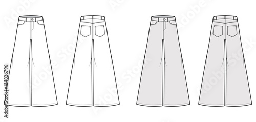 Jeans Baggy wide Pants Denim technical fashion illustration with full length, low waist, rise, 5 pockets, Rivets, belt loops. Flat bottom template front, back white, grey color. Women, men CAD mockup