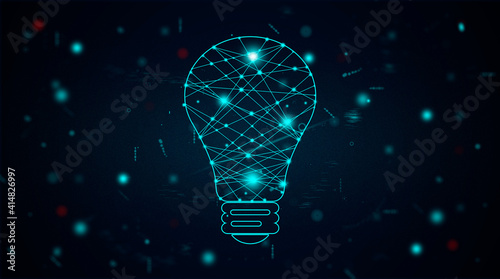 Connected dots and lines inside a light bulb outline. connection and global system network concept. blue shining points linked with turquoise line. creative concept idea in blue dark space 