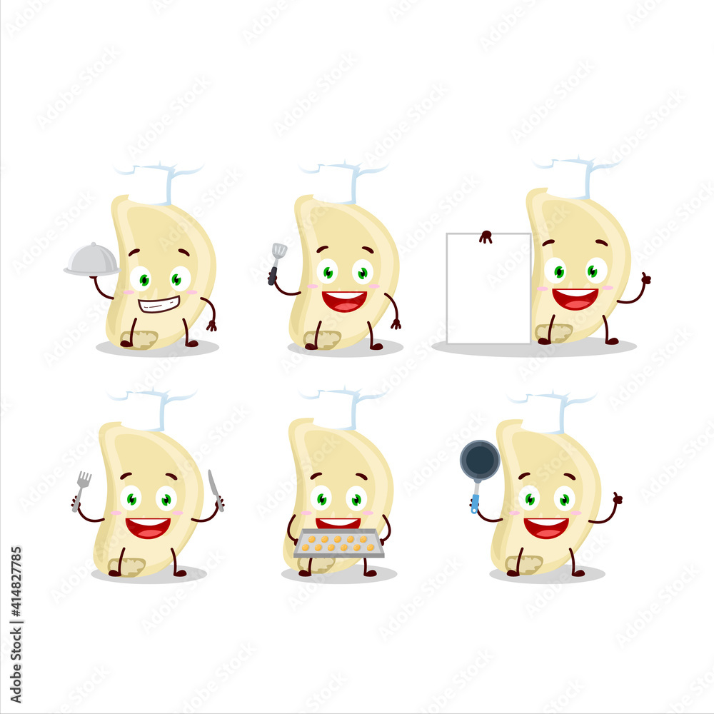Cartoon character of slice of garlic with various chef emoticons Cartoon character of slice of garlic with various chef emoticons