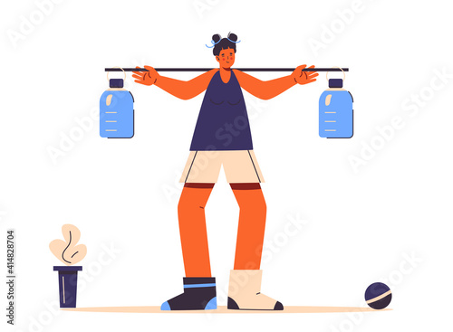 Sport at home. Fitness or GYM class during lockdown. Improvised homemade eqipment. Woman do bodybuilding exercises with heavy bottles of water instead dumbbell. Weight training. Trendy style. Isolated