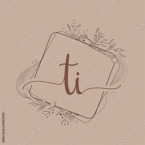 Letter TI Initial Logo with Hand Draw Floral, Initial Wedding Font Logo And Business or Company Identity.