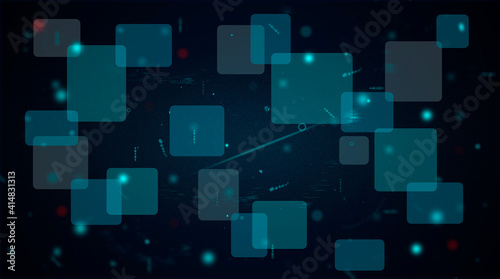 blue turquoise square in futuristic background. illustration of technologic abstract. space particles with blur and dusts. space connection and comunninaction concept 
