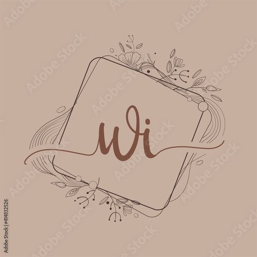 Letter WI Initial Logo with Hand Draw Floral, Initial Wedding Font Logo And Business or Company Identity.