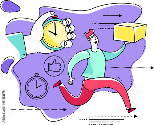 Illustration for an app, infographic, or landing page, with a character: a person quickly delivers a parcel or pizza. Express food delivery, online shopping.