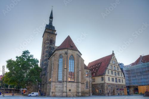 Sunset view of Stiftskirche at Schillerplatz square in Stuttgart, Germany photo