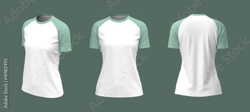 Women's short-sleeve t-shirt mockup, front, side and back views, design presentation for print, 3d illustration, 3d rendering