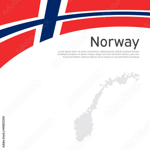 Norway flag, mosaic map on a white wavy background. National poster design of norway. Business booklet. State norwegian patriotic banner, flyer. Vector flat illustration, template