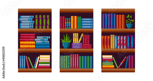 Bookcases for home library. Bestseller bookshop in cartoon style. Vector illustration isolated on white background © liu_miu