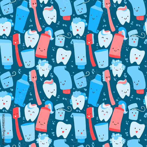 Seamless vector pattern with hand drawn cute teeth and objects for dental care.