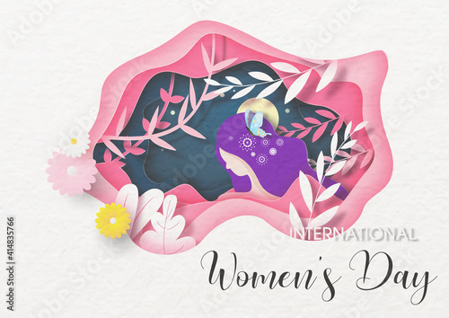 Decorated plants and flowers on abstract layers shape and head of woman, wording of Women's day event, on dark blue paper pattern background. All in paper cut style and vector design.