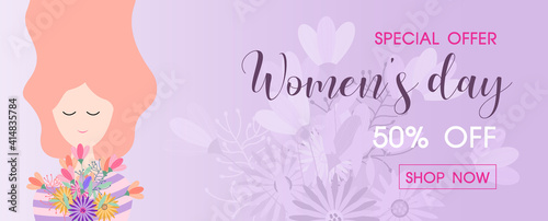Closeup and crop happy woman in flat style with flowers bouquet and women's day specials offer sale wording on flowers bouquet and violet background. Poster's banner of Women's day in vector design.