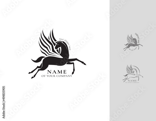 Pegasus logotype. Flying horse, set of logos. Antique mythology creature. Wings.