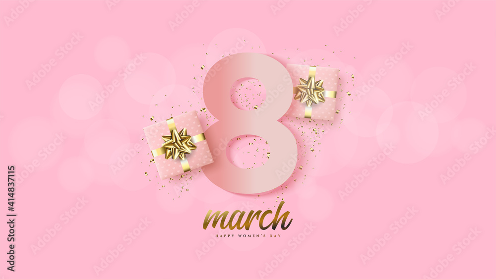 Womens Day With Illustration Numbers 8 Pink With 3D Gift Box