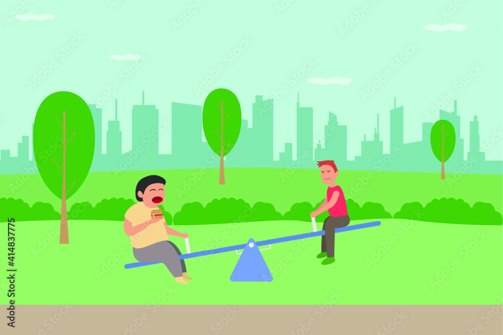 Playtime vector concept: Fat boy and thin boy playing seesaw together in the park 