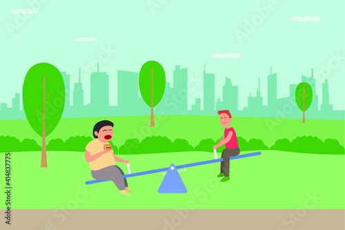 Playtime vector concept: Fat boy and thin boy playing seesaw together in the park 