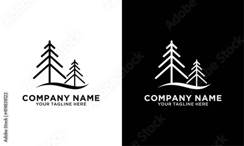 pine evergreen fir hemlock spruce conifer cedar coniferous cypress larch pinus tree forest Logo design on a black and white background.
