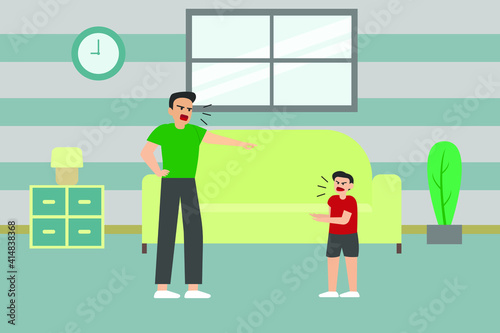 Angry vector concept: Young father feel angry to his little son while standing at home 