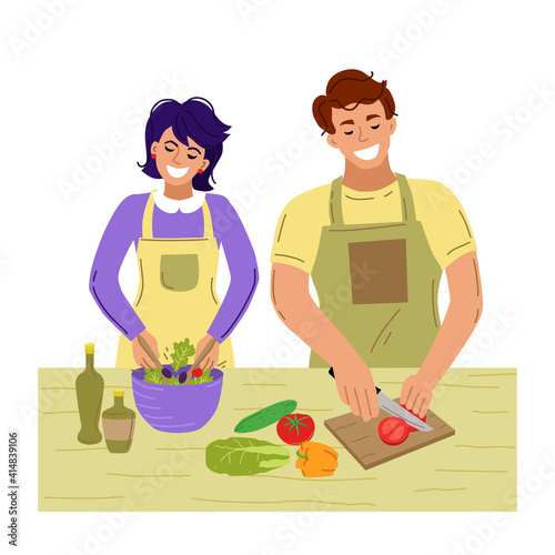 The couple cooks together. Cooking at home. Vector illustration.
