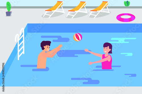 Happy couple playing a ball on the swimming pool. Cartoon flat illustration