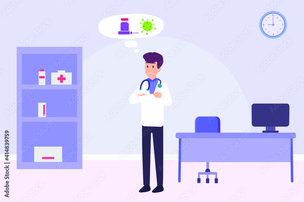 Thinking vector concept: Male doctor thinking about vaccine of corona virus while standing in the hospital Thinking vector concept: Male doctor thinking about vaccine of corona virus while standing in the hospital