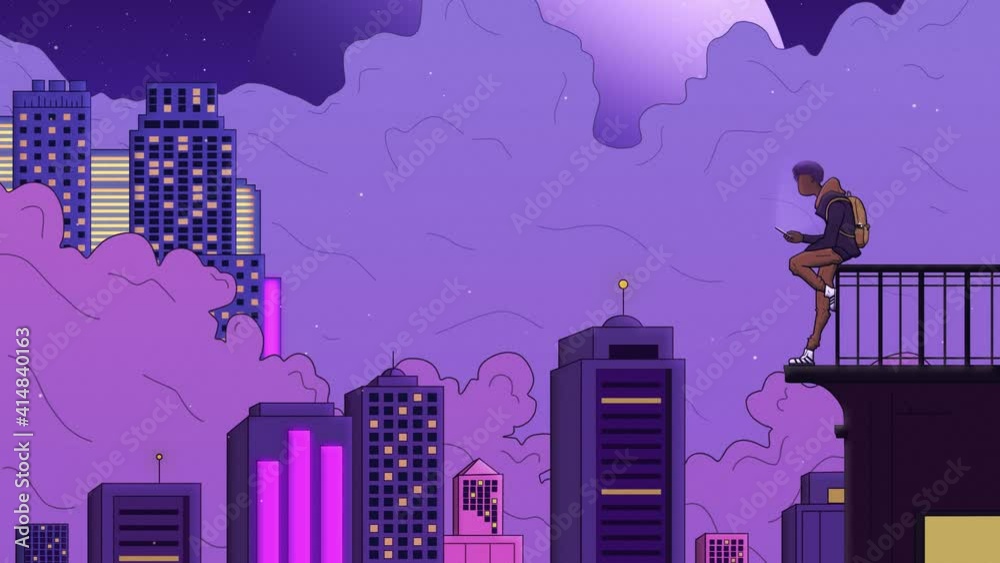 2D animation, anime boy looks at his mobile on top of a building. 
Purple fantasy city in the background. City Lights. Looping animation
Lofi, vaporwave, anime style