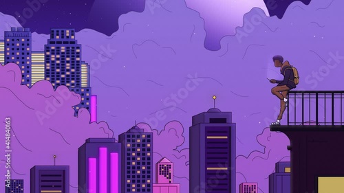 2D animation, anime boy looks at his mobile on top of a building. 
Purple fantasy city in the background. City Lights. Looping animation
Lofi, vaporwave, anime style photo