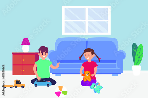 Playtime vector concept: Two little children playing toys together at home while enjoying leisure time